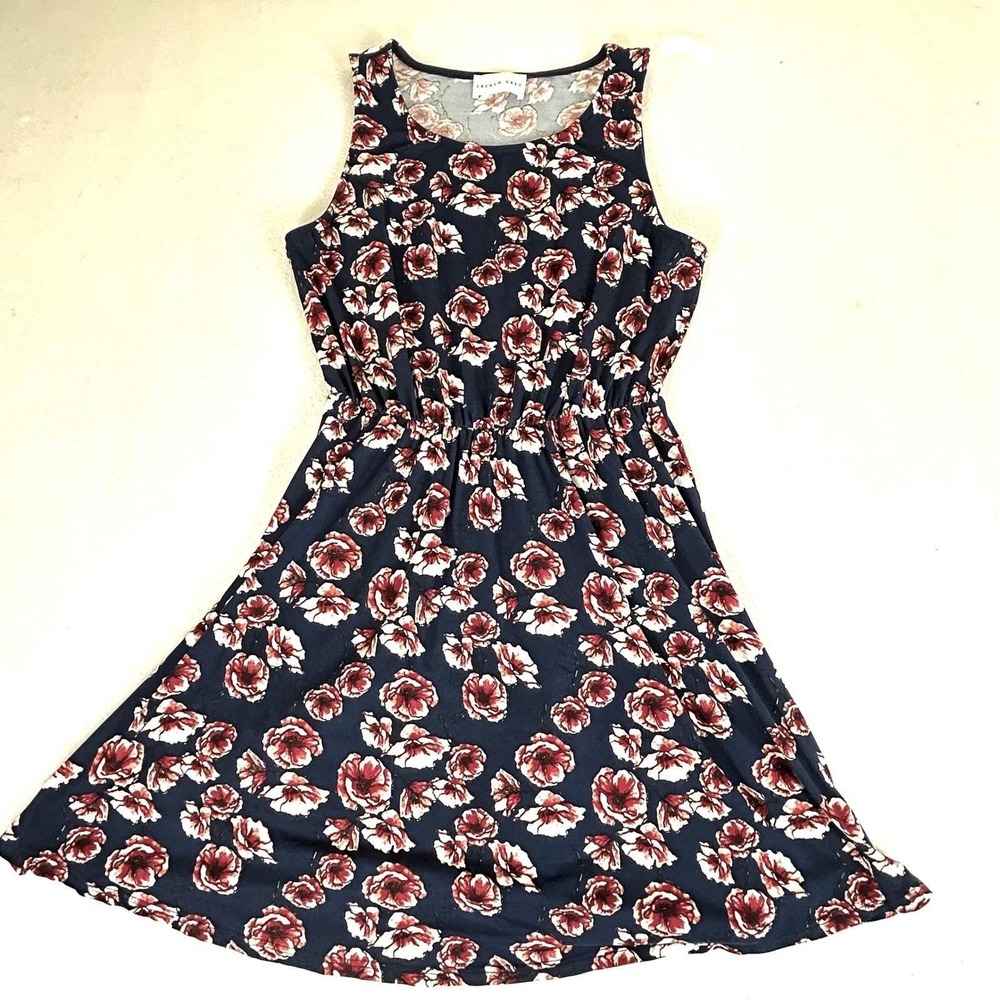 French Grey Floral Dress Women Medium Navy‎ Blue Sleeveless Skater Summer Casual